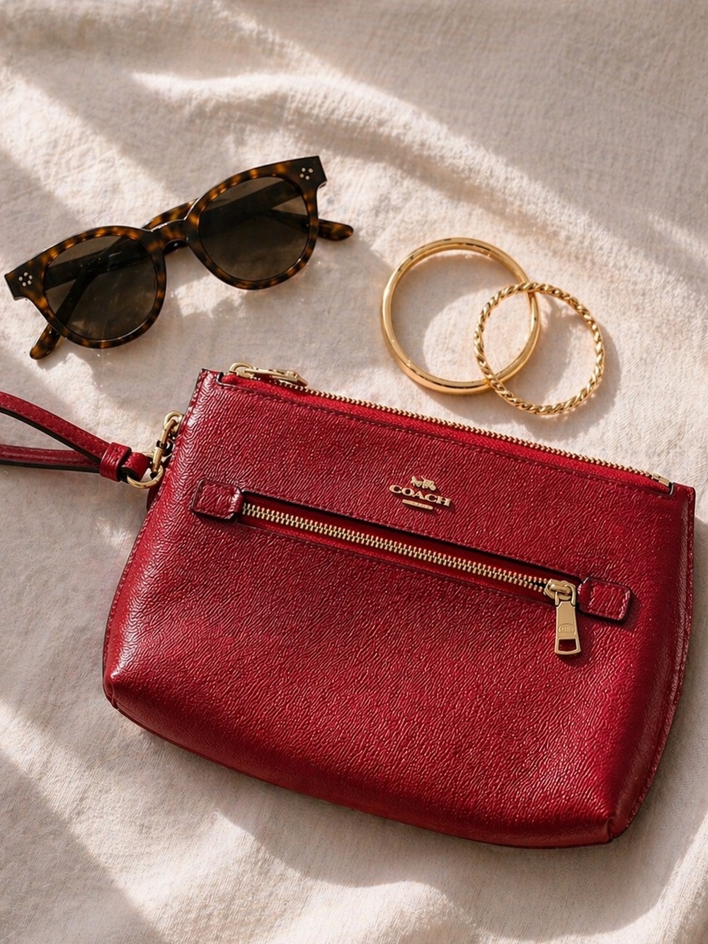 Gorgeous Red Coach Leather Clutch 10”x7” Double Gold Zipper NWOT